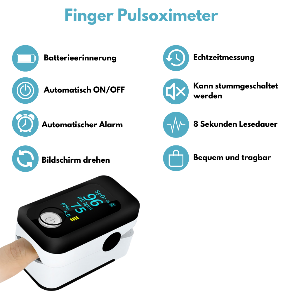 Professionelles Pulsoximeter / Blutsauerstoffmessgerät / Mit LED-Anzeige / Fortschrittliche Technologie für alle Altersgruppen / Pulsmessung, Sauerstoffsättigung und Perfusionsindex